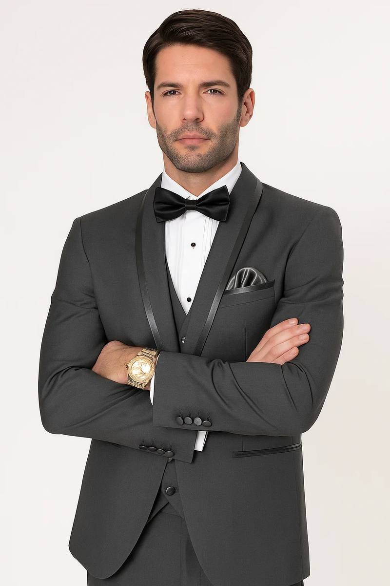 Men's charcoal satin tuxedo suit with a tailored fit. Shawl collar, satin lapels, and a single breast pocket on the jacket. Includes a matching waistcoat. Smooth, glossy finish for a formal look.
