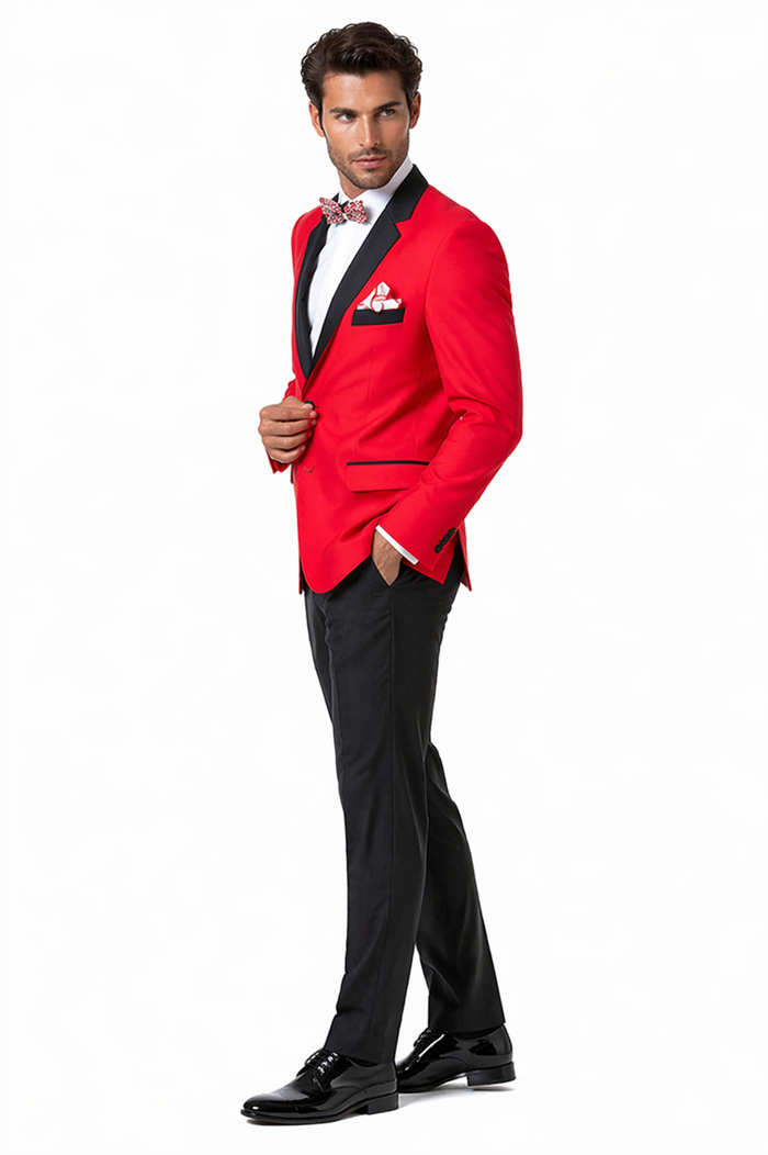 Mens Two Button Modern Fit Tuxedo in Red with Black Lapel - Dinner Jacket Blazer Sport Coat
