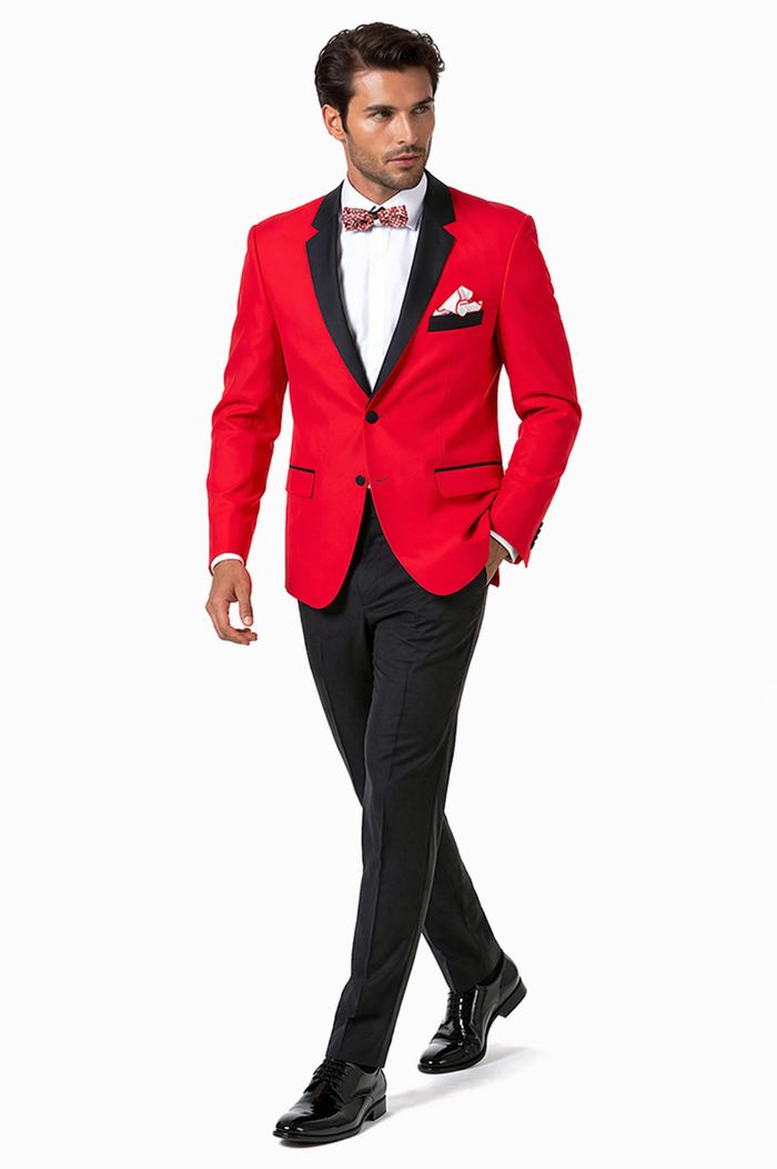 Mens Two Button Modern Fit Tuxedo in Red with Black Lapel - Dinner Jacket Blazer Sport Coat