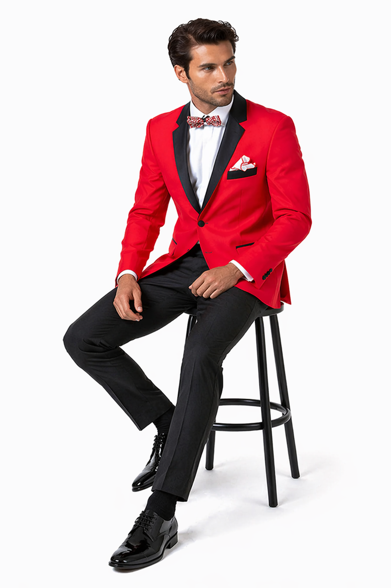 Mens Two Button Modern Fit Tuxedo in Red with Black Lapel - Dinner Jacket Blazer Sport Coat