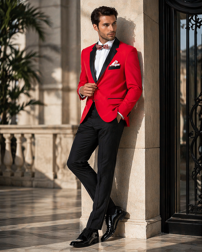 Mens Two Button Modern Fit Tuxedo in Red with Black Lapel - Dinner Jacket Blazer Sport Coat