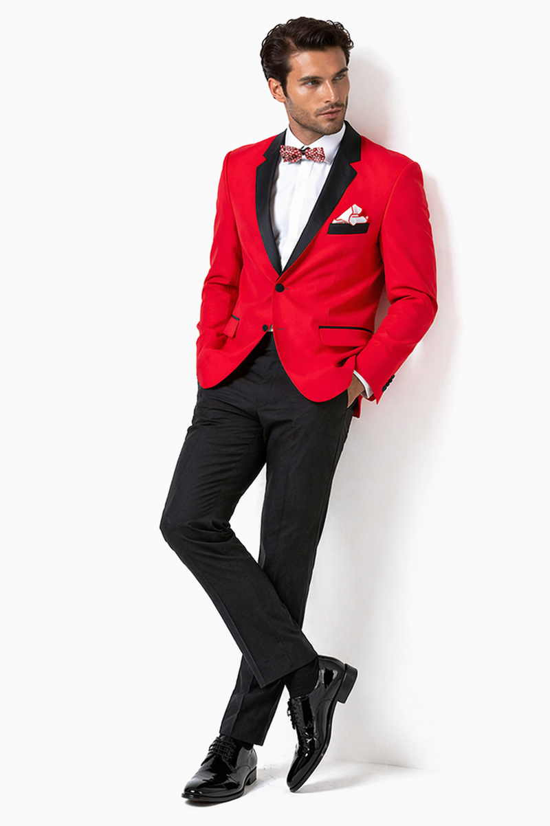 Mens Two Button Modern Fit Tuxedo in Red with Black Lapel - Dinner Jacket Blazer Sport Coat