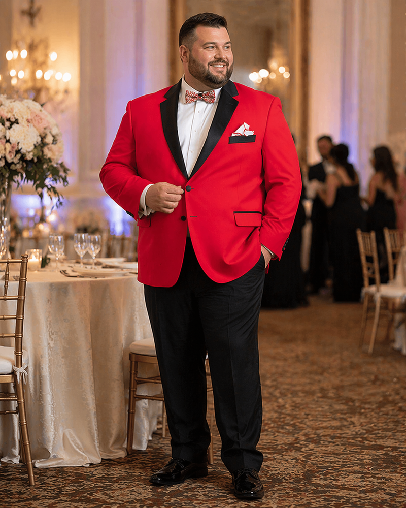 Mens Two Button Modern Fit Tuxedo in Red with Black Lapel - Dinner Jacket Blazer Sport Coat
