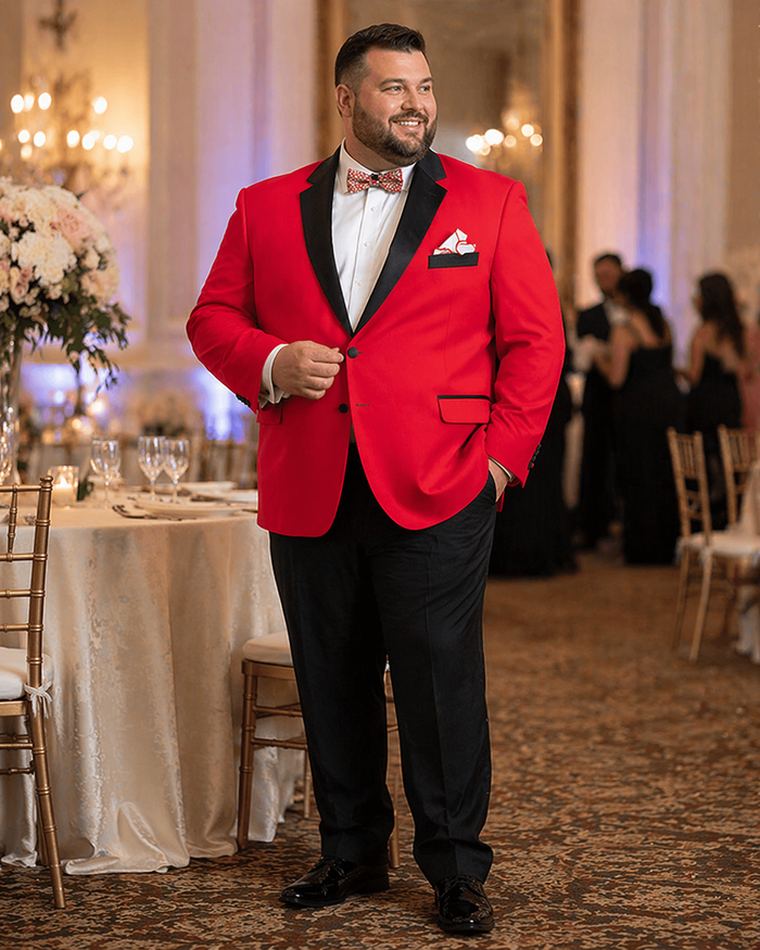 Mens Two Button Modern Fit Tuxedo in Red with Black Lapel - Dinner Jacket Blazer Sport Coat