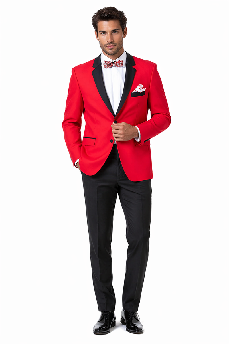 Mens Two Button Modern Fit Tuxedo in Red with Black Lapel - Dinner Jacket Blazer Sport Coat