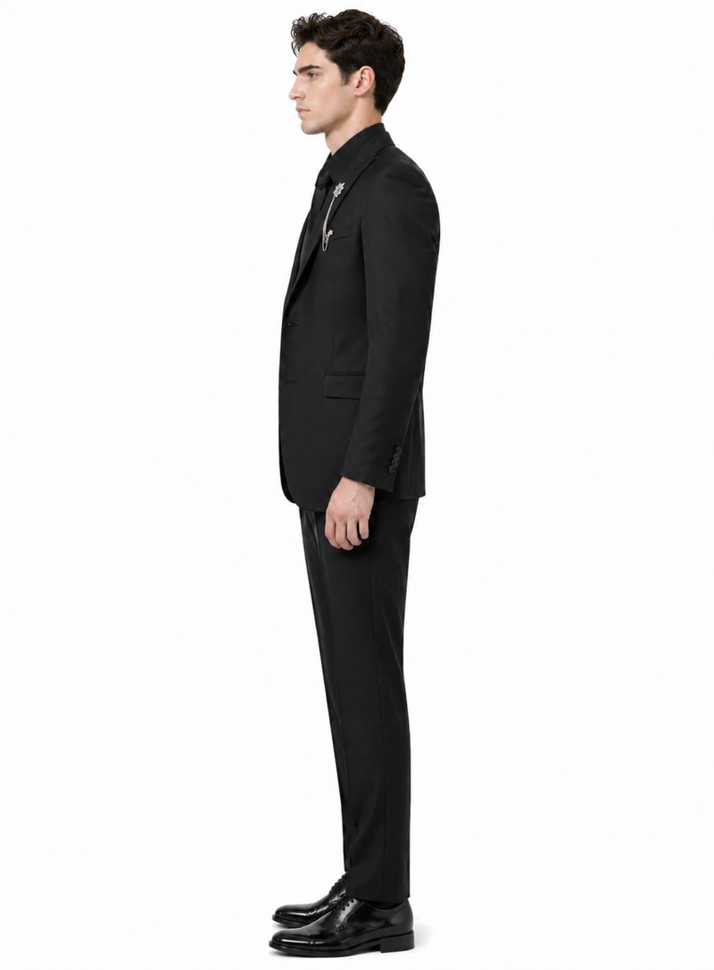 Mens Two Button Peak Lapel Suit Black