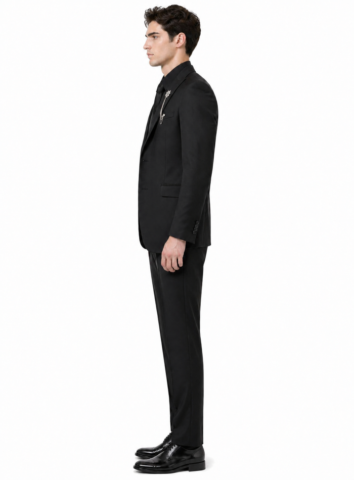 Mens Two Button Peak Lapel Suit Black