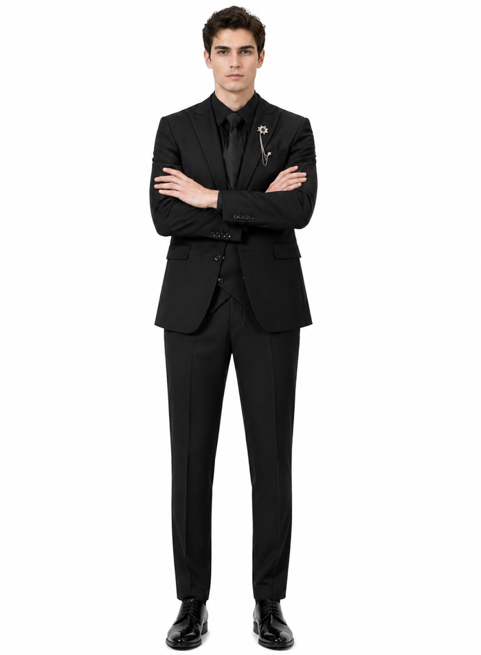 Mens Two Button Peak Lapel Suit Black