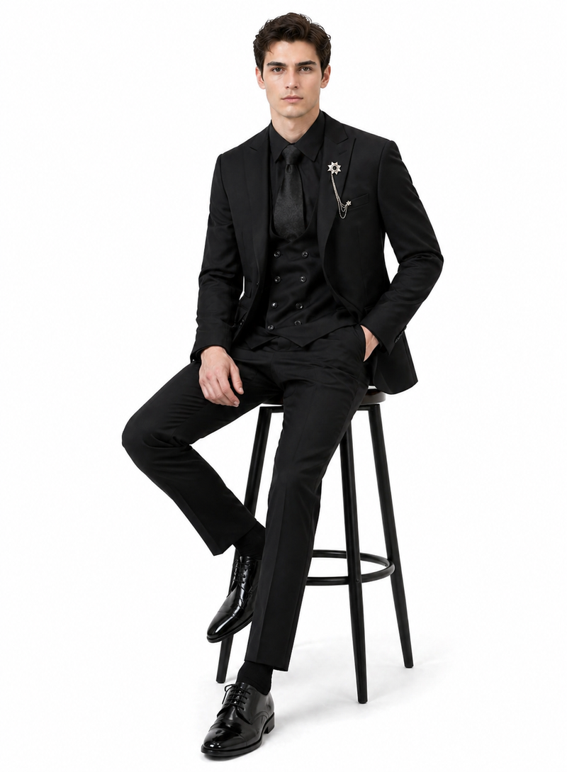 Mens Two Button Peak Lapel Suit Black
