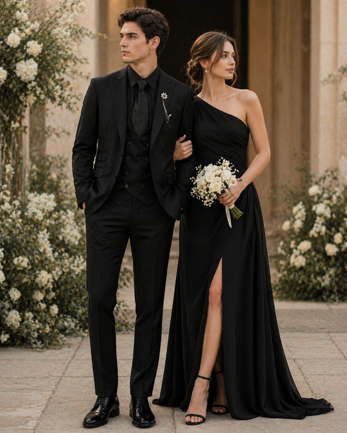 Mens Two Button Peak Lapel Suit Black