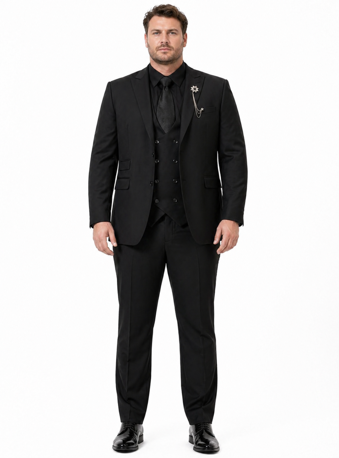 Mens Two Button Peak Lapel Suit Black