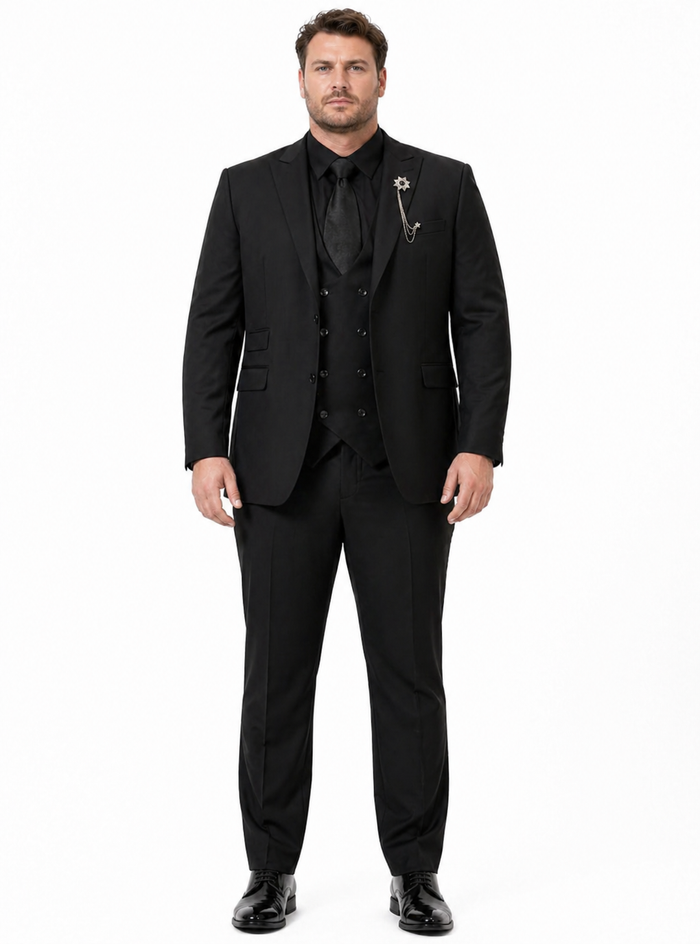 Mens Two Button Peak Lapel Suit Black