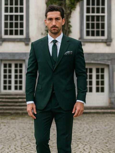 Men's Two Button Vested Notch Lapel Matching Vest and Basic Suit in Hunter Green