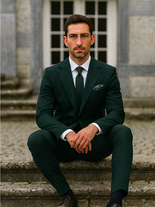 Men's Two Button Vested Notch Lapel Matching Vest and Basic Suit in Hunter Green