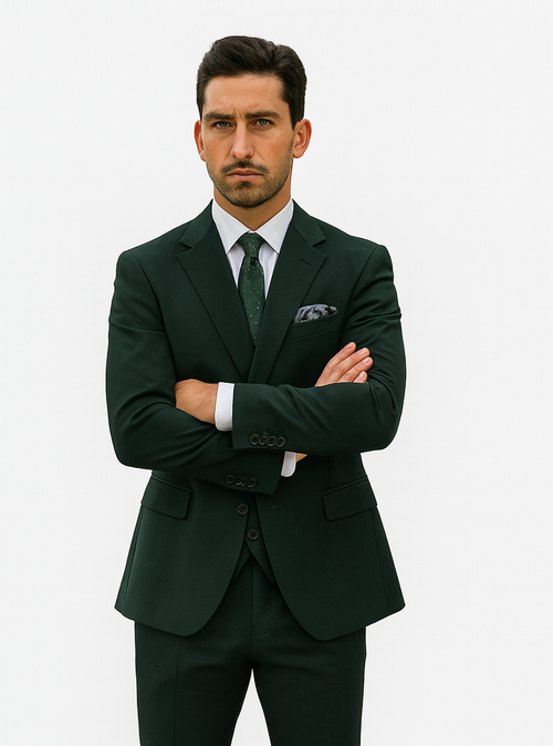 Men's Two Button Vested Notch Lapel Matching Vest and Basic Suit in Hunter Green