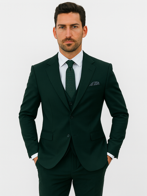 Men's Two Button Vested Notch Lapel Matching Vest and Basic Suit in Hunter Green
