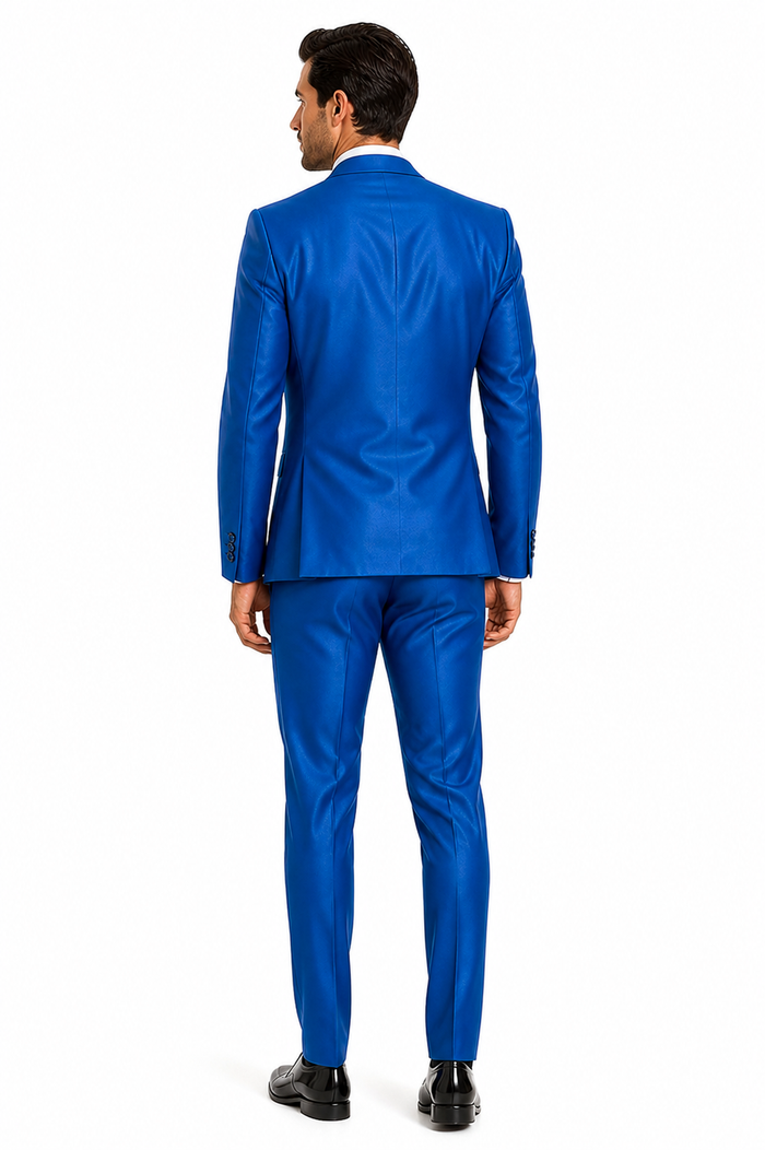 "Royal Blue Men's Sharkskin Wedding Suit - Two Button Vested Prom 2026 Fashion"