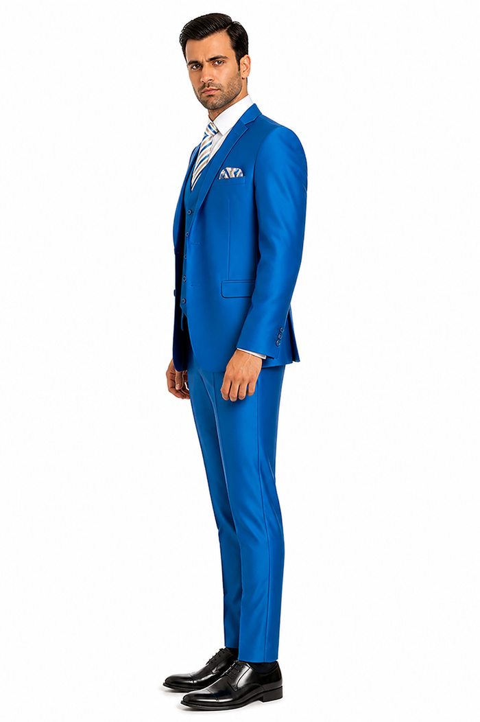 "Royal Blue Men's Sharkskin Wedding Suit - Two Button Vested Prom 2026 Fashion"