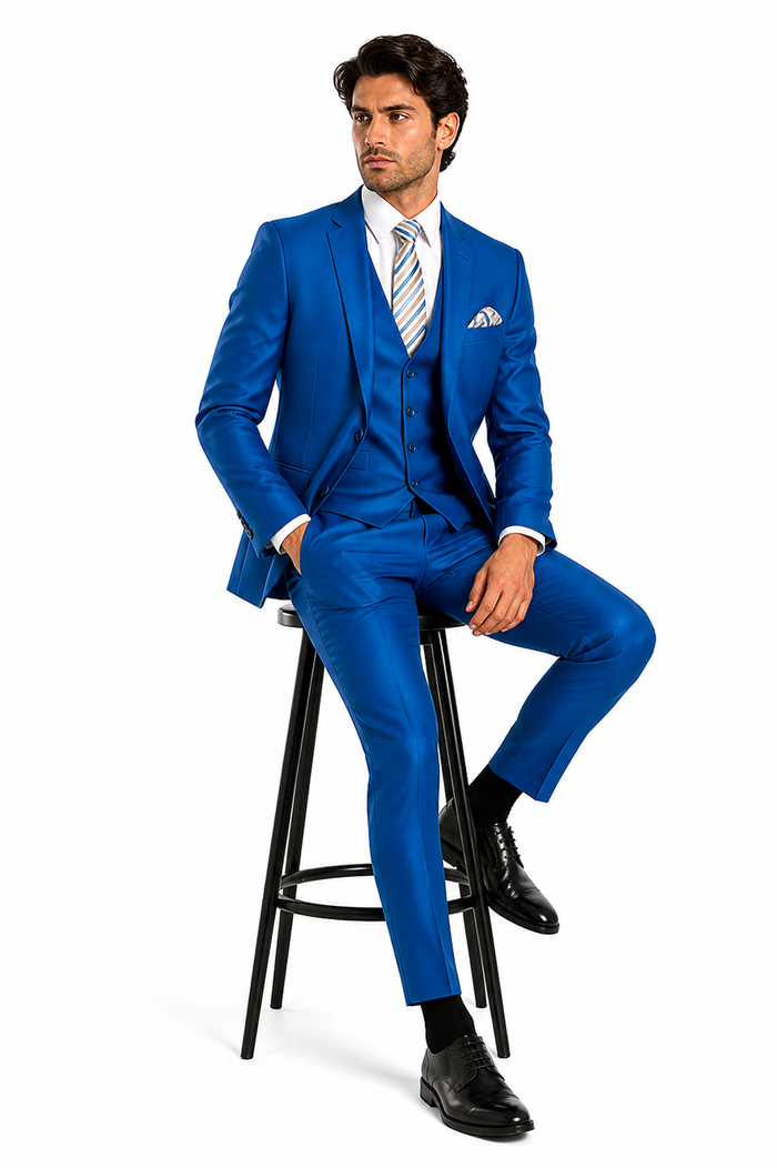 "Royal Blue Men's Sharkskin Wedding Suit - Two Button Vested Prom 2026 Fashion"