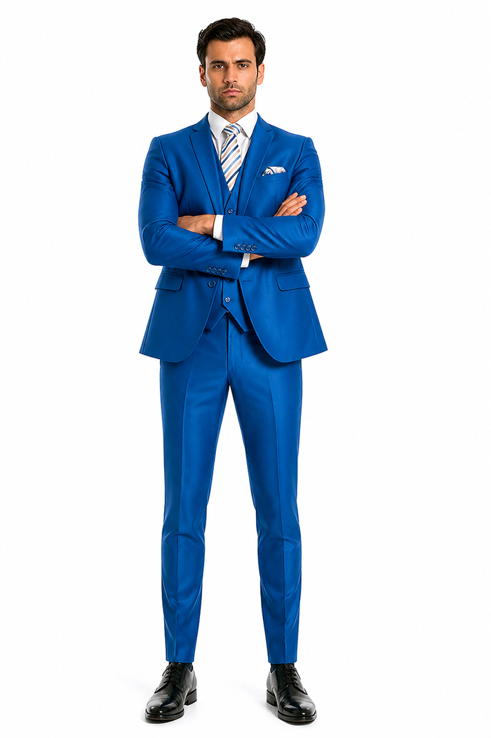 "Royal Blue Men's Sharkskin Wedding Suit - Two Button Vested Prom 2026 Fashion"
