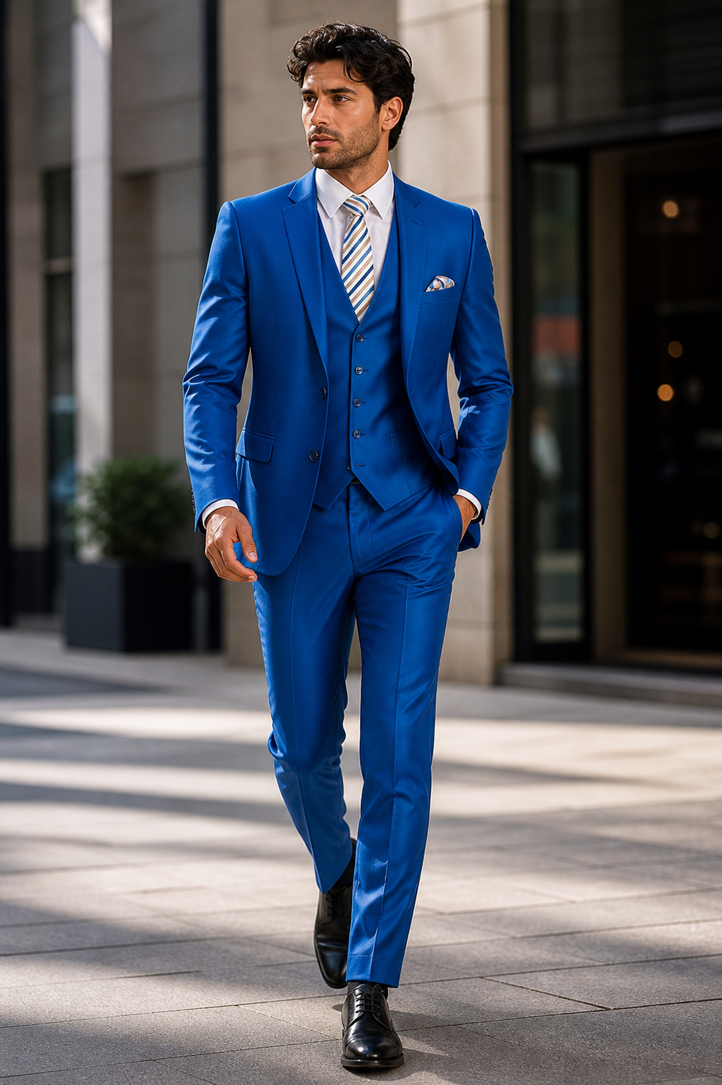 "Royal Blue Men's Sharkskin Wedding Suit - Two Button Vested Prom 2026 Fashion"