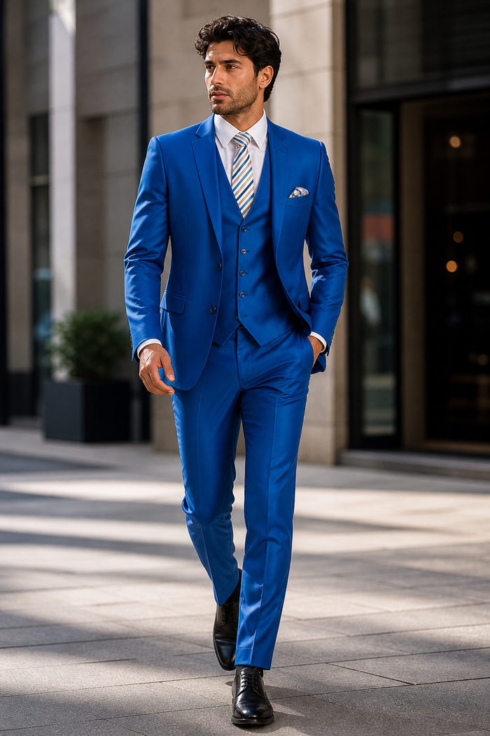 "Royal Blue Men's Sharkskin Wedding Suit - Two Button Vested Prom 2026 Fashion"