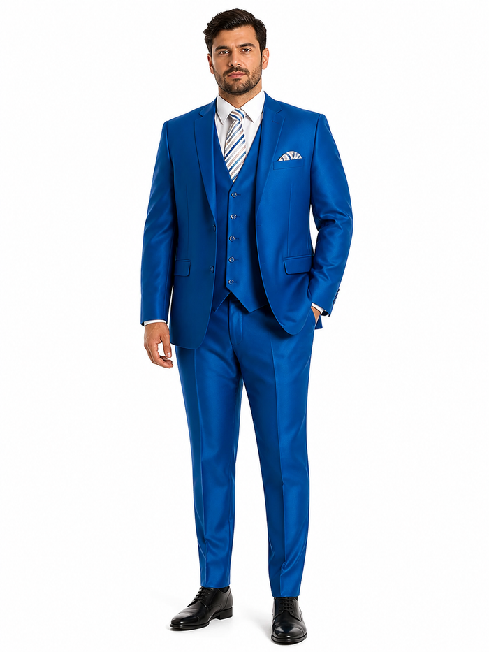 "Royal Blue Men's Sharkskin Wedding Suit - Two Button Vested Prom 2026 Fashion"