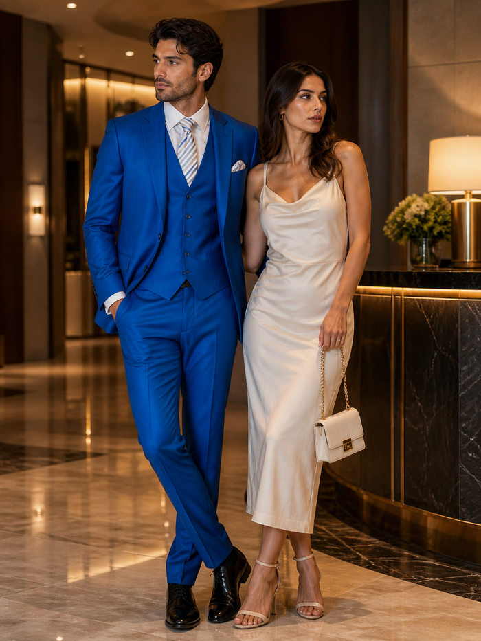 "Royal Blue Men's Sharkskin Wedding Suit - Two Button Vested Prom 2026 Fashion"