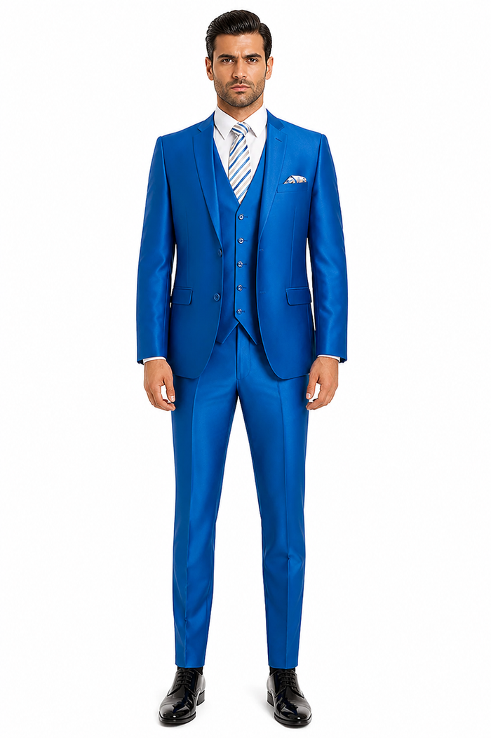"Royal Blue Men's Sharkskin Wedding Suit - Two Button Vested Prom 2026 Fashion"