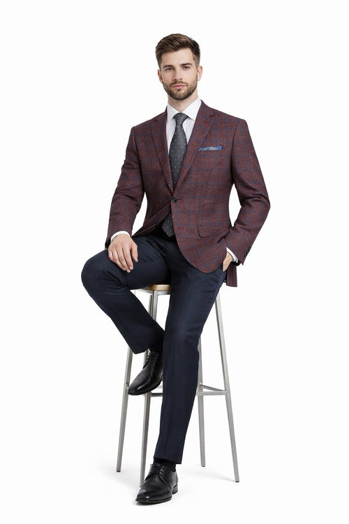 Sacos Para Hombre - Sacos Vaqueros Mens Slim Fit Two Button Wool Sport Coat Blazer in Burgundy & Blue Windowpane Plaid