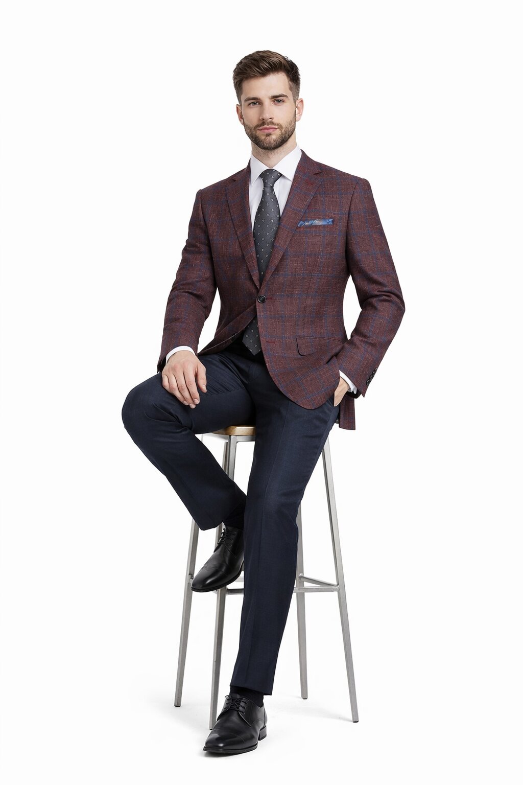 Sacos Para Hombre - Sacos Vaqueros Mens Slim Fit Two Button Wool Sport Coat Blazer in Burgundy & Blue Windowpane Plaid