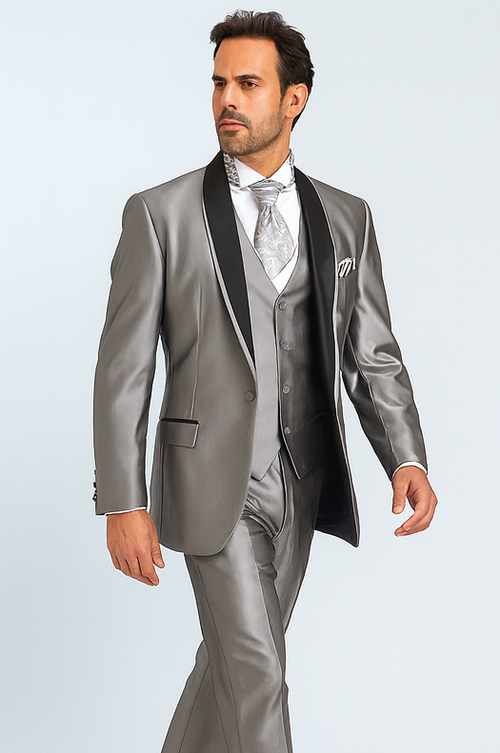 Men's Two Toned Tuxedo Trimmed Jacket And Suit Silver Grey