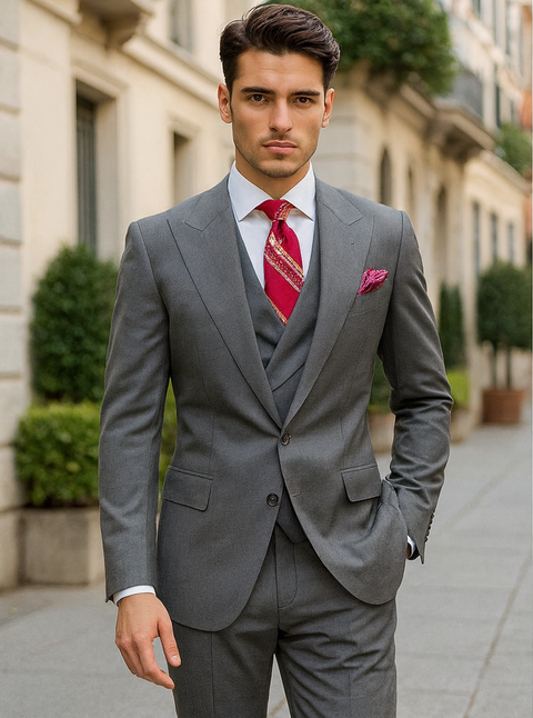 Mens Urban Suits - 100% Wool Suit - Single Button Double Breasted Vest Pleated Pants