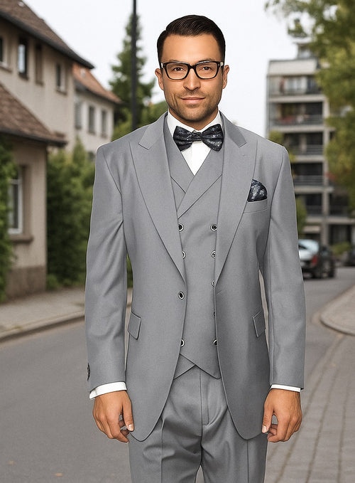 Mens Urban Suits - 100% Wool Suit - Single Button Double Breasted Vest Pleated Pants