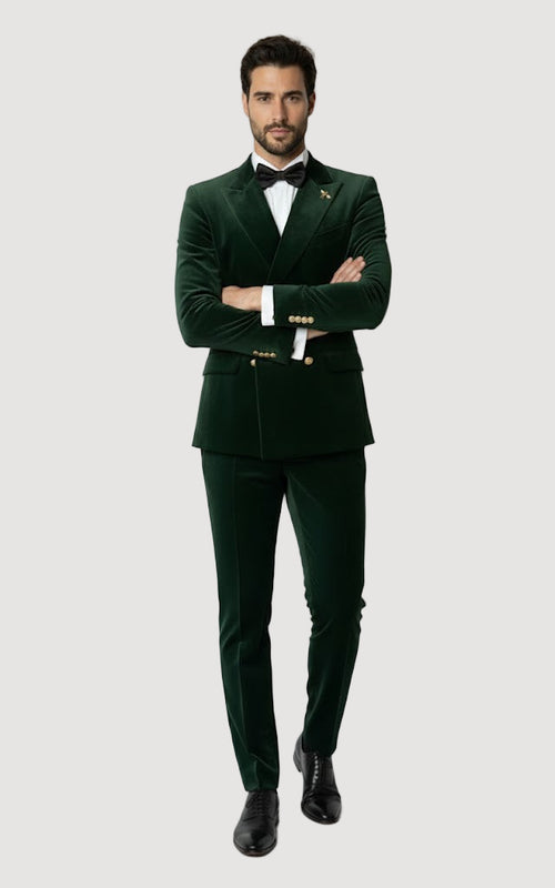 Mens Velvet Suit - Slim Fit  Double Breasted Suit - Blazer and Pants Green