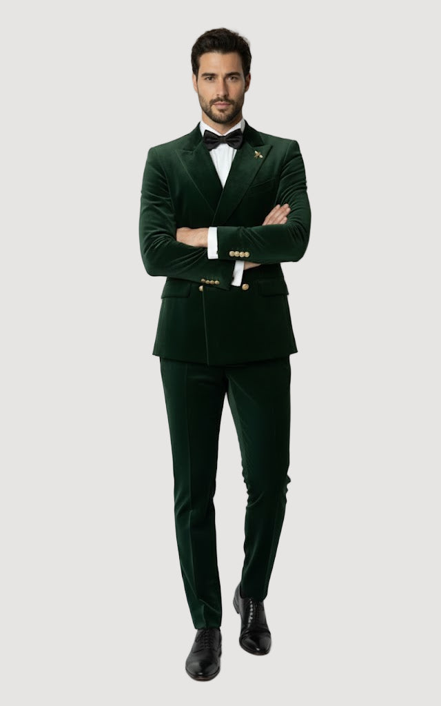 Mens Velvet Suit - Slim Fit  Double Breasted Suit - Blazer and Pants Green