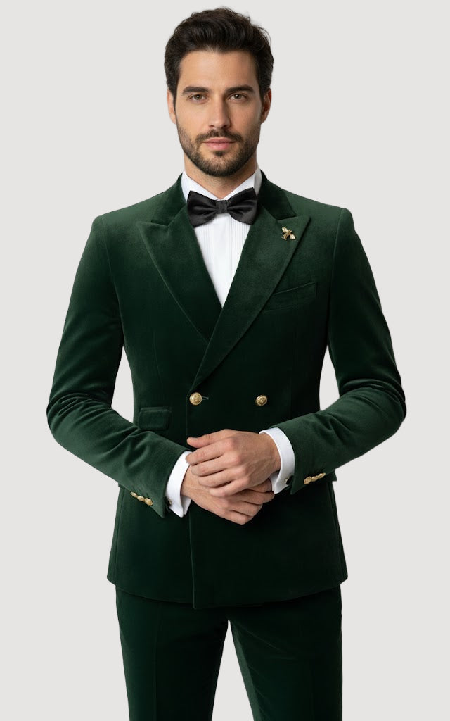 Mens Velvet Suit - Slim Fit  Double Breasted Suit - Blazer and Pants Green