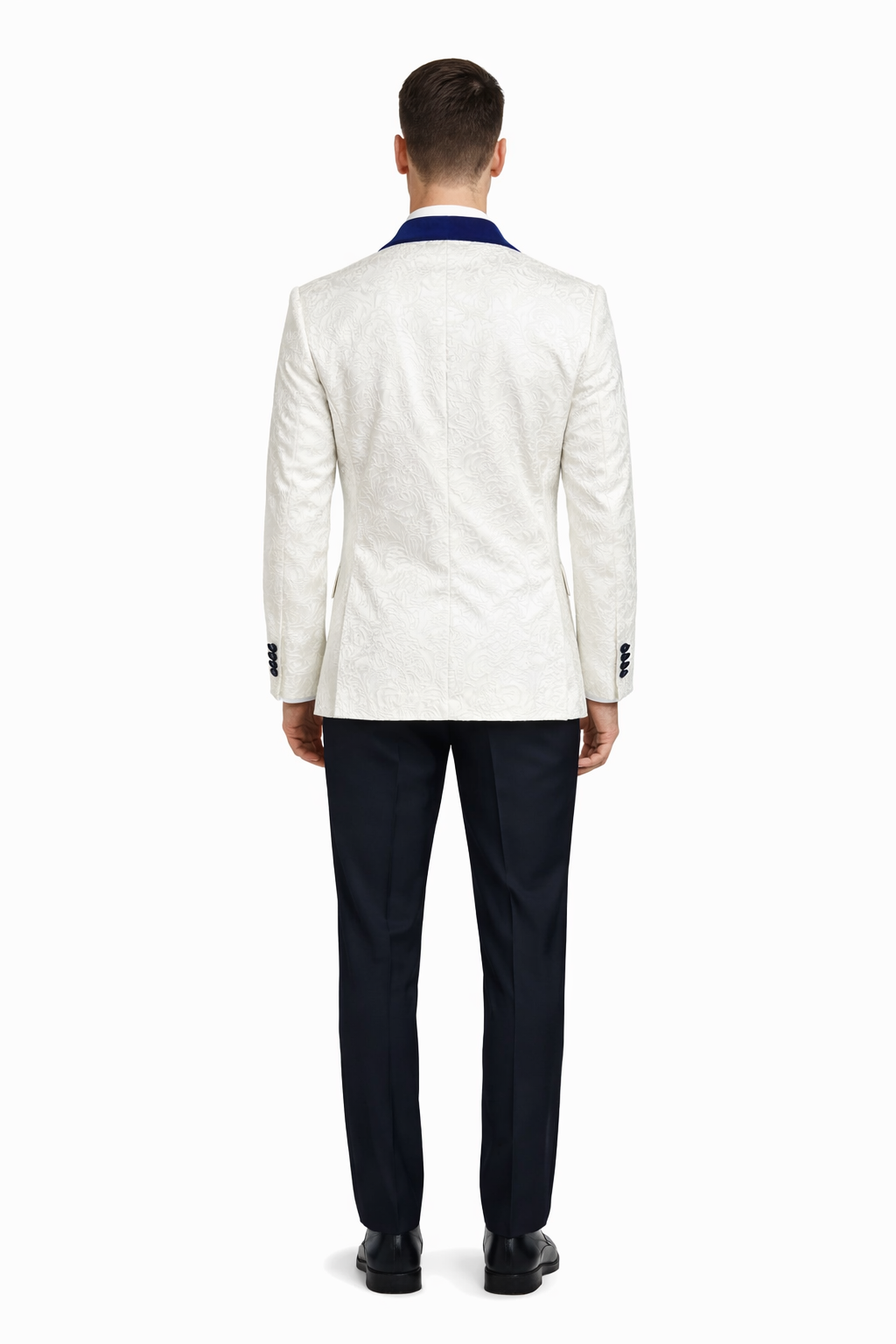 Mens Vested Designer Wide Royal Blue Velvet Shawl Tuxedo in Ivory Paisley