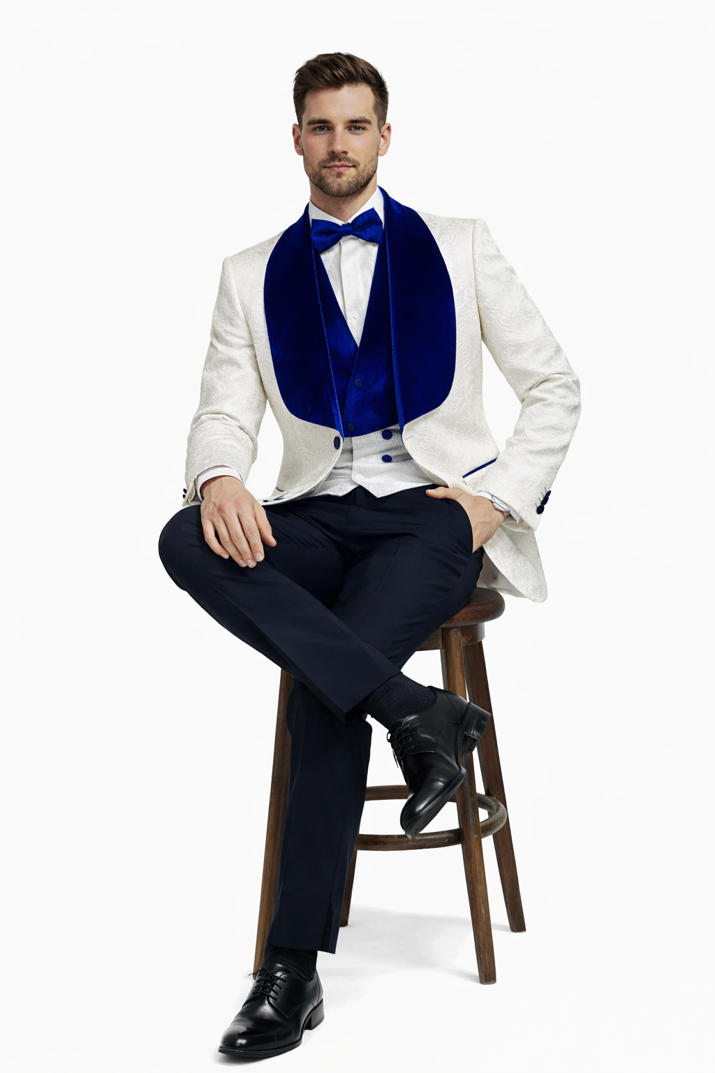 Mens Vested Designer Wide Royal Blue Velvet Shawl Tuxedo in Ivory Paisley