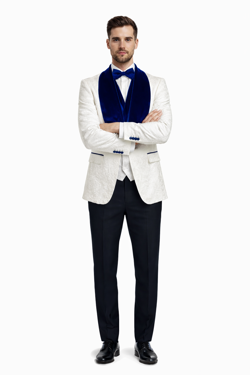 Mens Vested Designer Wide Royal Blue Velvet Shawl Tuxedo in Ivory Paisley