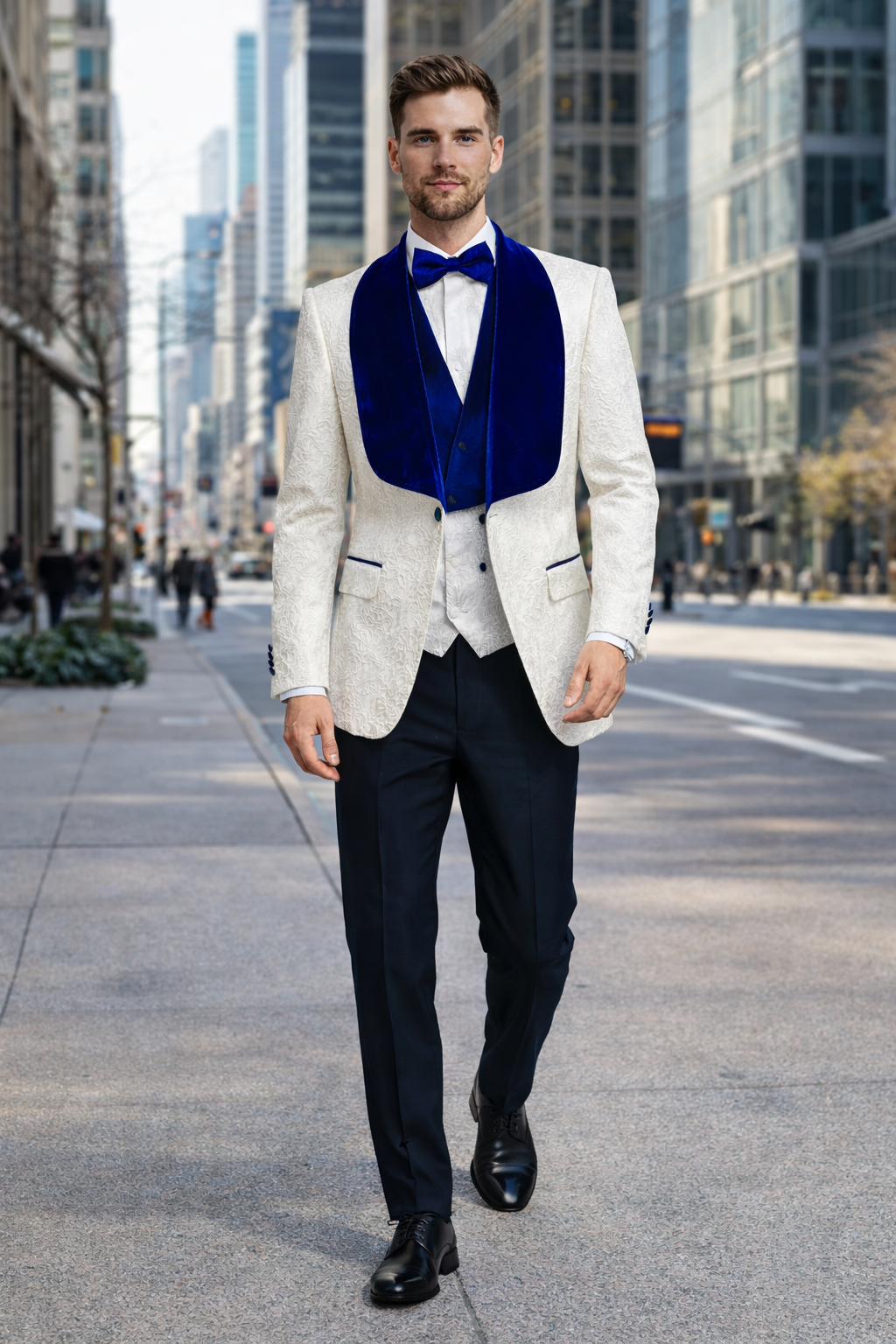 Mens Vested Designer Wide Royal Blue Velvet Shawl Tuxedo in Ivory Paisley