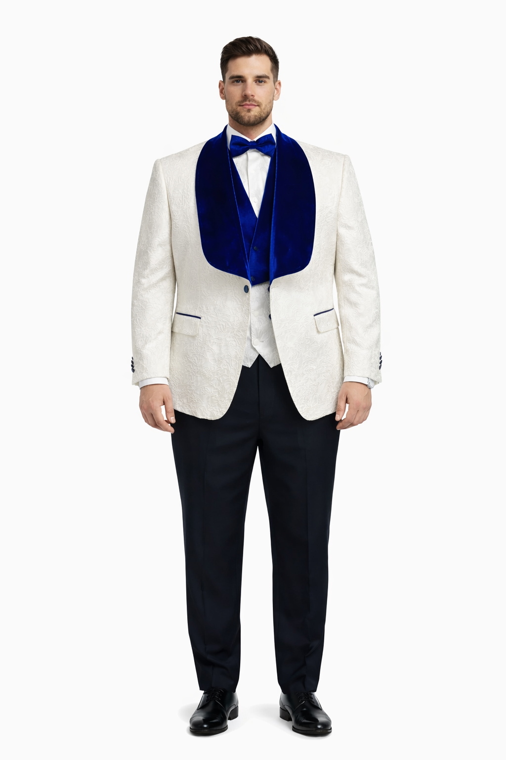 Mens Vested Designer Wide Royal Blue Velvet Shawl Tuxedo in Ivory Paisley