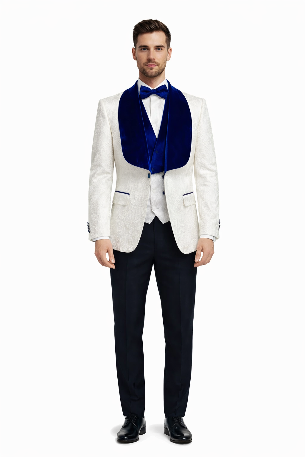 Mens Vested Designer Wide Royal Blue Velvet Shawl Tuxedo in Ivory Paisley