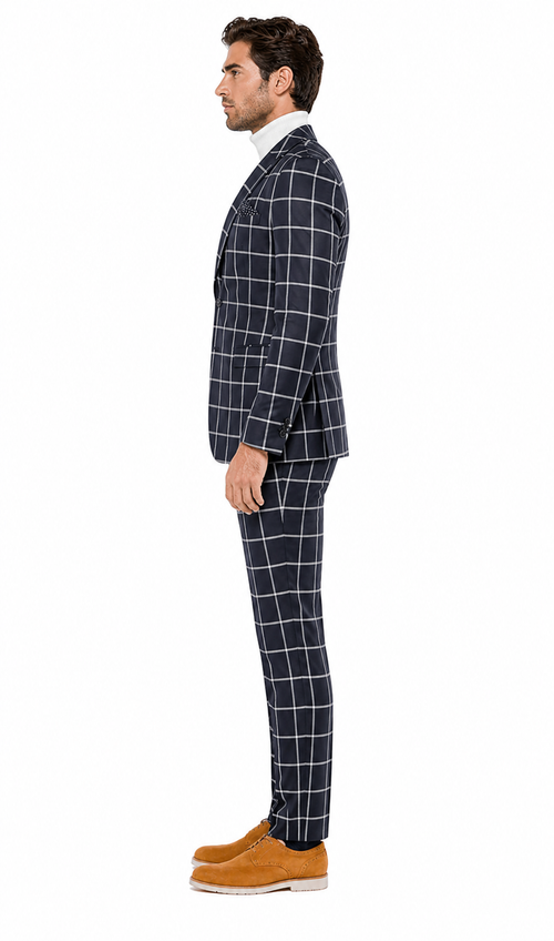 Mens Vested Gangster Plaid Pattern 1920's Plaid Suit in Navy