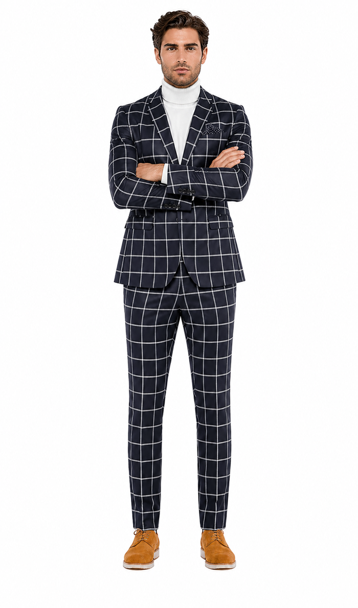 Mens Vested Gangster Plaid Pattern 1920's Plaid Suit in Navy