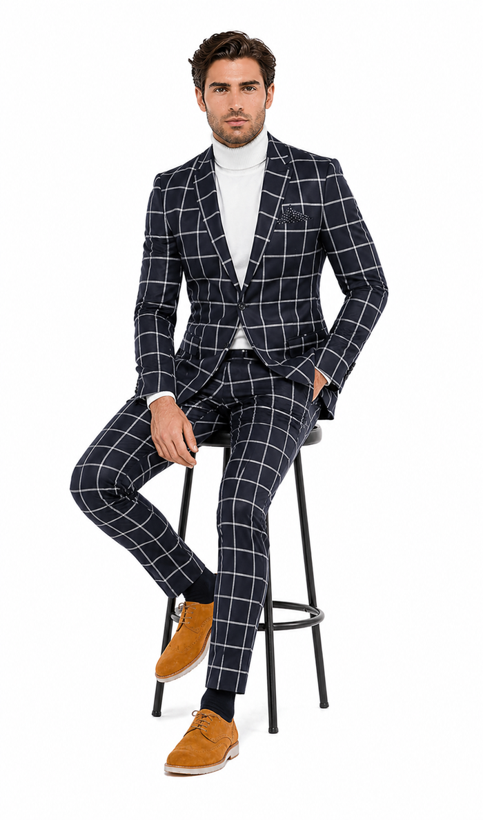 Mens Vested Gangster Plaid Pattern 1920's Plaid Suit in Navy