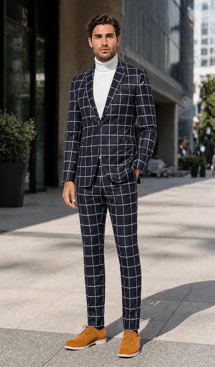 Mens Vested Gangster Plaid Pattern 1920's Plaid Suit in Navy