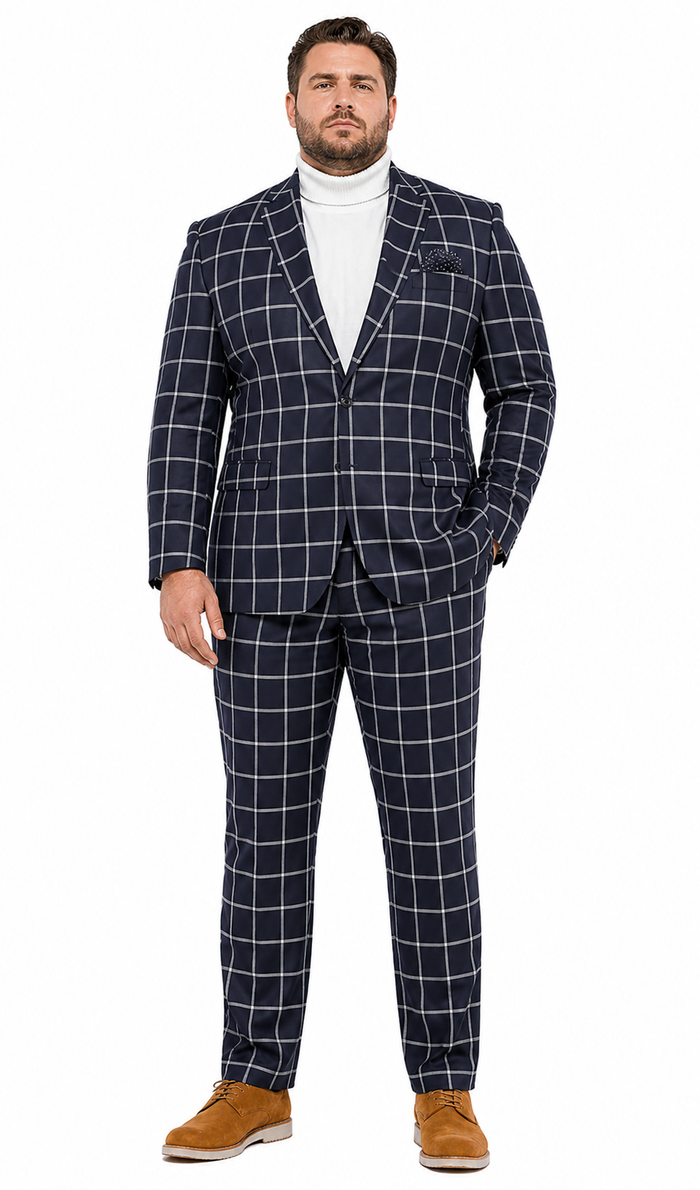 Mens Vested Gangster Plaid Pattern 1920's Plaid Suit in Navy