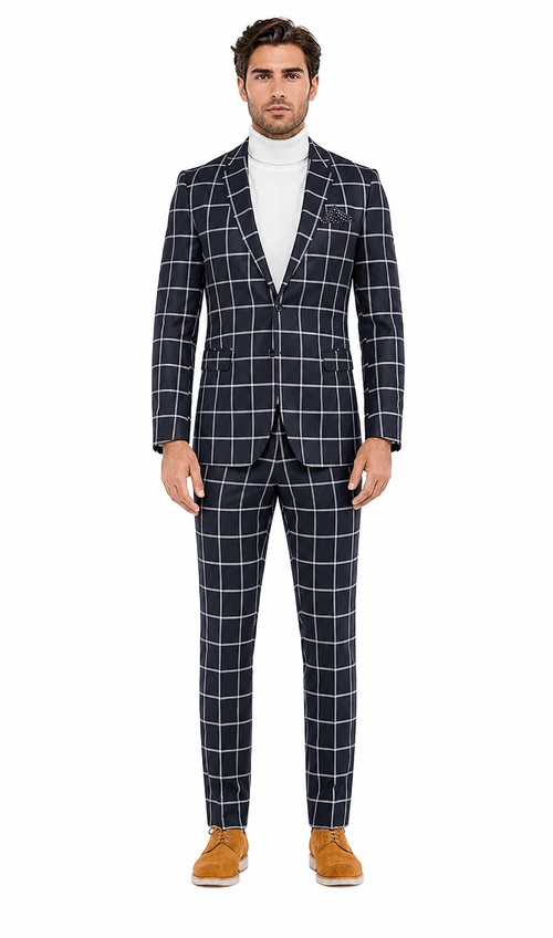 Mens Vested Gangster Plaid Pattern 1920's Plaid Suit in Navy