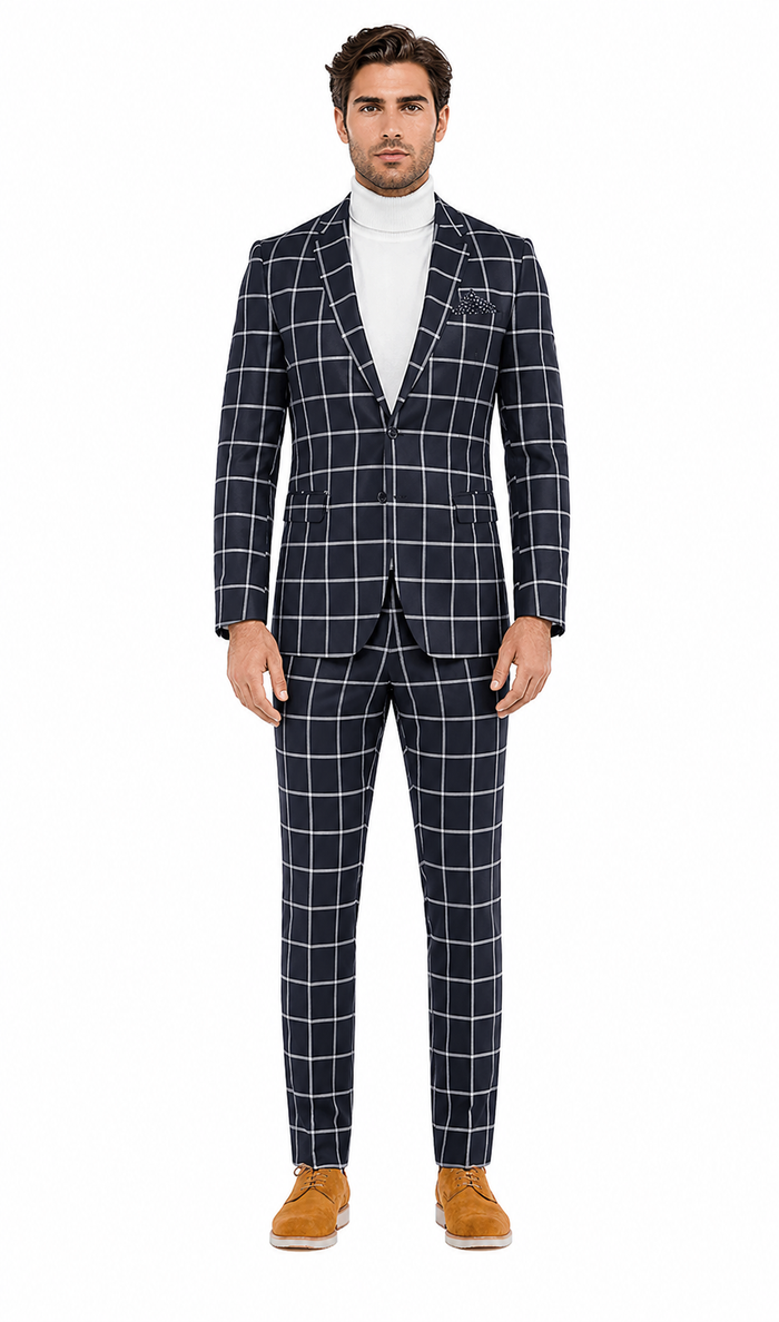 Mens Vested Gangster Plaid Pattern 1920's Plaid Suit in Navy